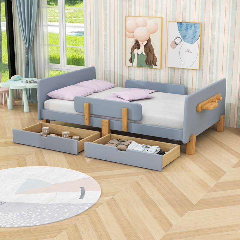 2 Drawers Wood Platform Bed with Slats, Grey, Full