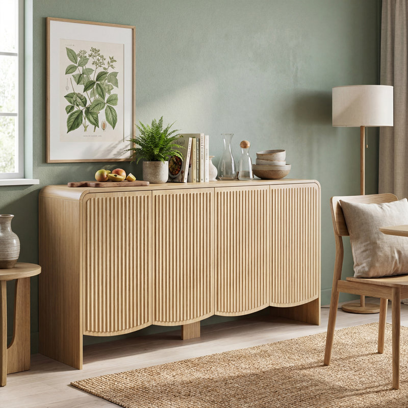 Buffet 58 po à 4 portes avec tablettes réglables, motif rayé, rebord ondulé pour la cuisine, le salon et la salle à manger