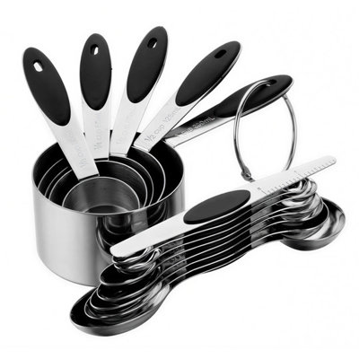 13 Piece Stainless Steel Measuring Cups and Spoons Set with Non Slip Handles for Baking Cooking Kitchen