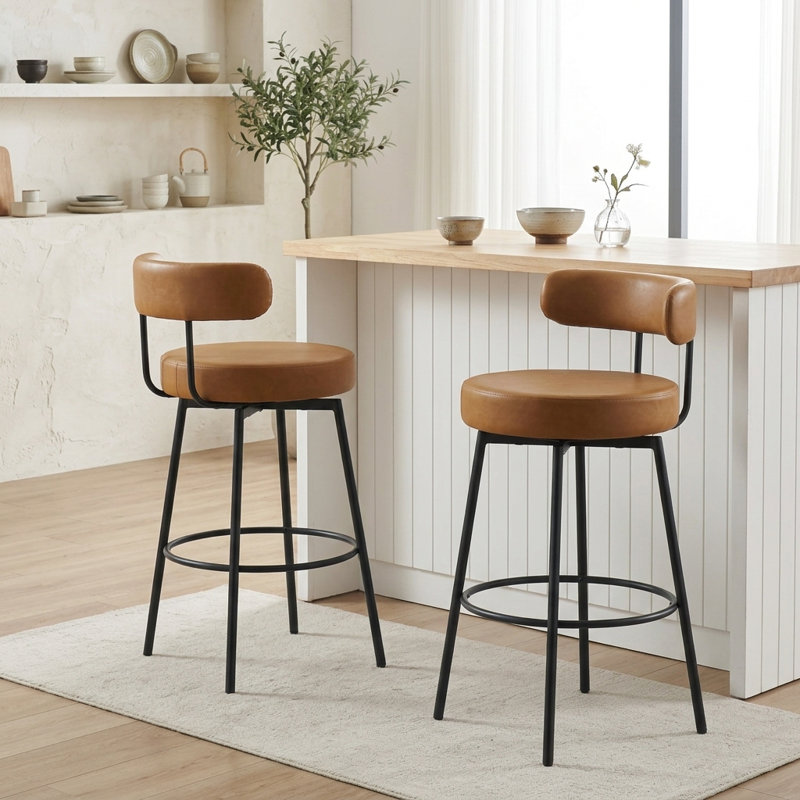 Swivel Counter Height Bar Stools,29" Modern Upholstered Faux Leather Barstools With Metal Legs,bar Chairs For Kitchen Island,brown Set Of 2