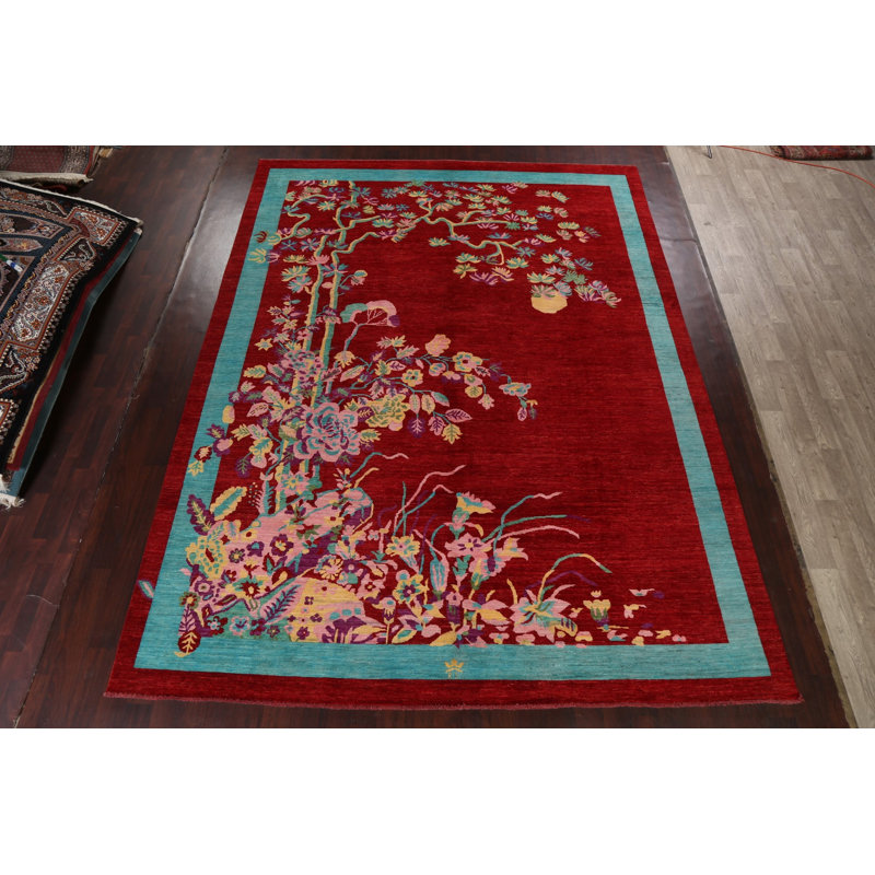 Tapis oriental rouge à motif végétal à teinture abstraite noué à la main 10 x 14