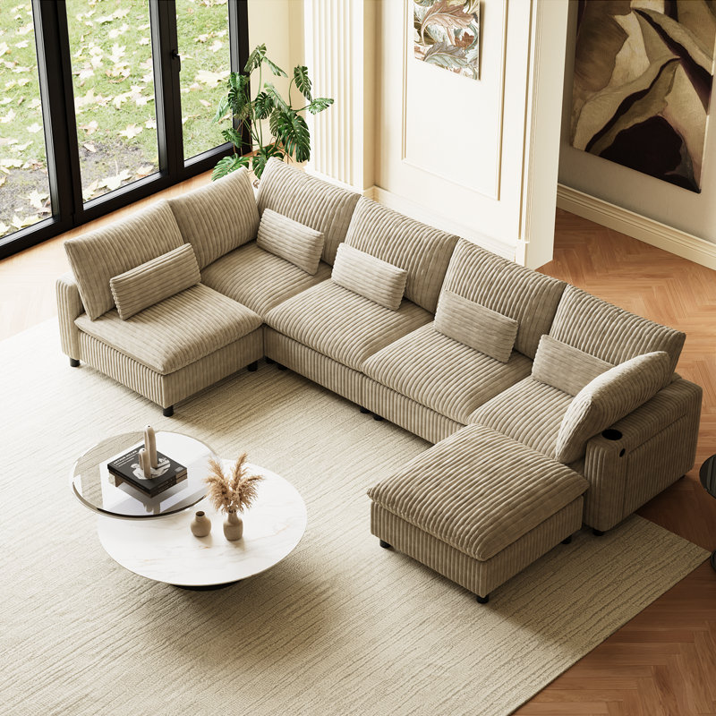 U-Shaped Corduroy Modular Sectional Cloud Sofa Deep Seat Corner Couch With Removable Ottoman, Brown Corduroy