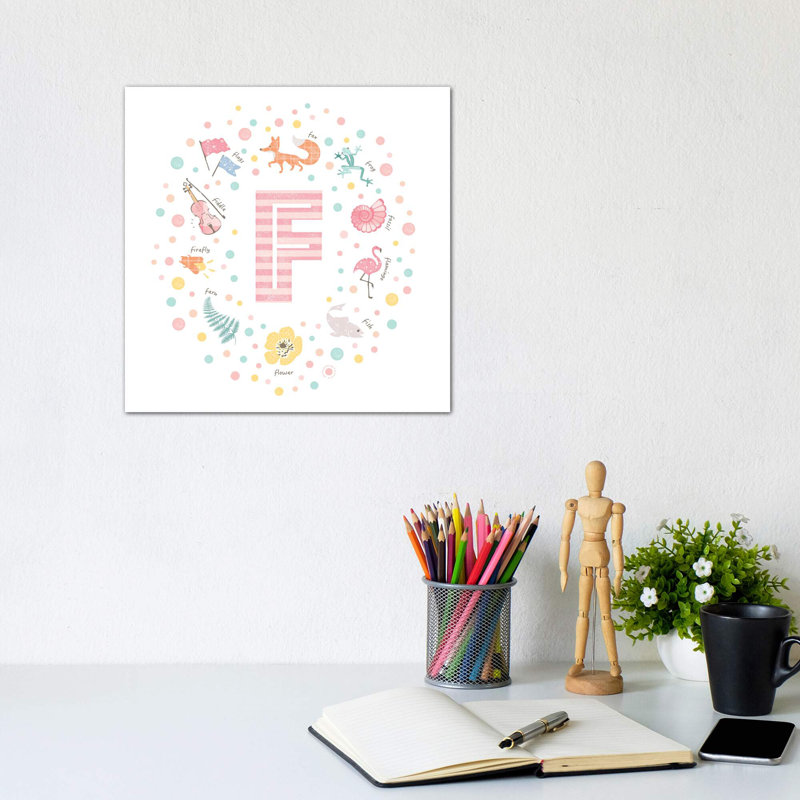 Impression rose lettre illustrée, Toile tendue, Pas de tapis, H 12 po x l 12 po x P 0,75 po