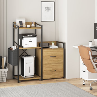 38" Printer Stand with LED Lights & Charging Station, Large 4-Tier Printer Table with Storage Shelf & Drawers, Industrial Office Desk Organizer for F by 17 Stories