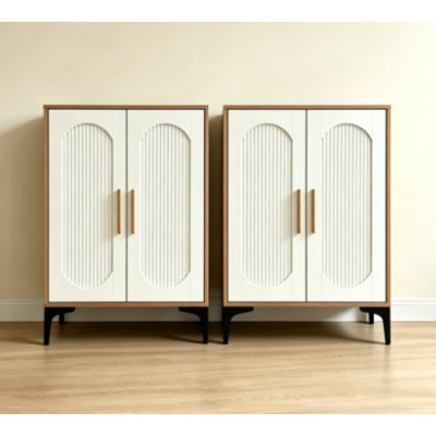 Armoire de rangement cannelée, noyer et blanc, 2 pièces