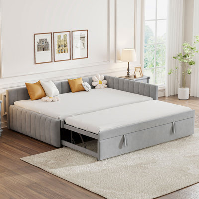 Full-Size L-Shaped Upholstered Daybed with Twin Pop-Up Trundle, Corner Daybed Sofa