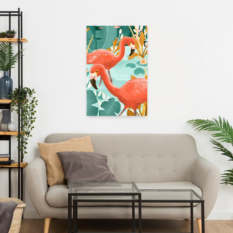 Art contemporain, paysage abstrait, oiseau, flamant, forêt, paysage, H 24 po x l 16 po