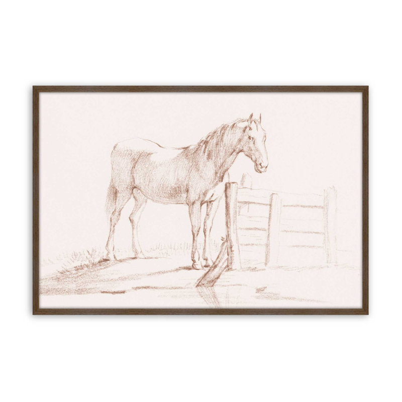 Cheval debout à une clôture par Jean Bernard, reproduction d'art, H 30 po x l 40 po, Brun