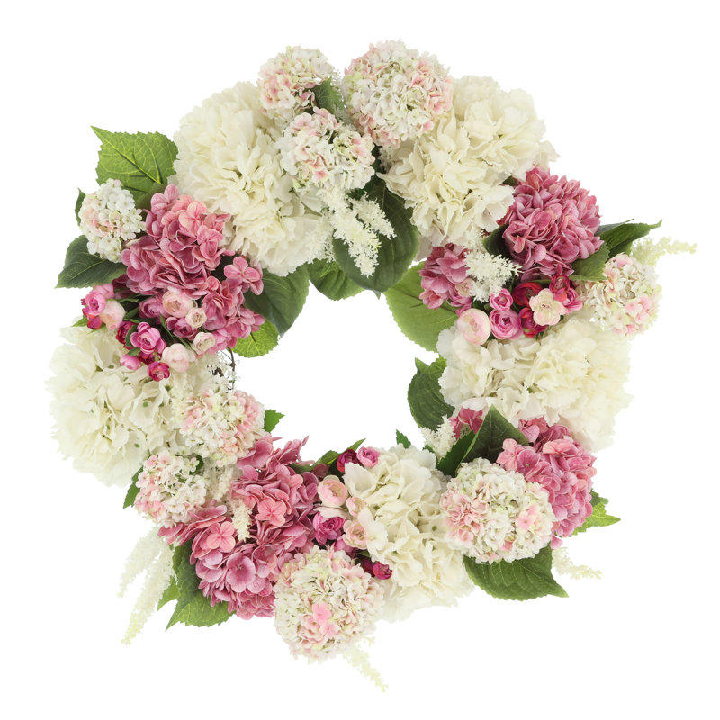24" Hydrangea Wreath with Ranunculus and Viburnum