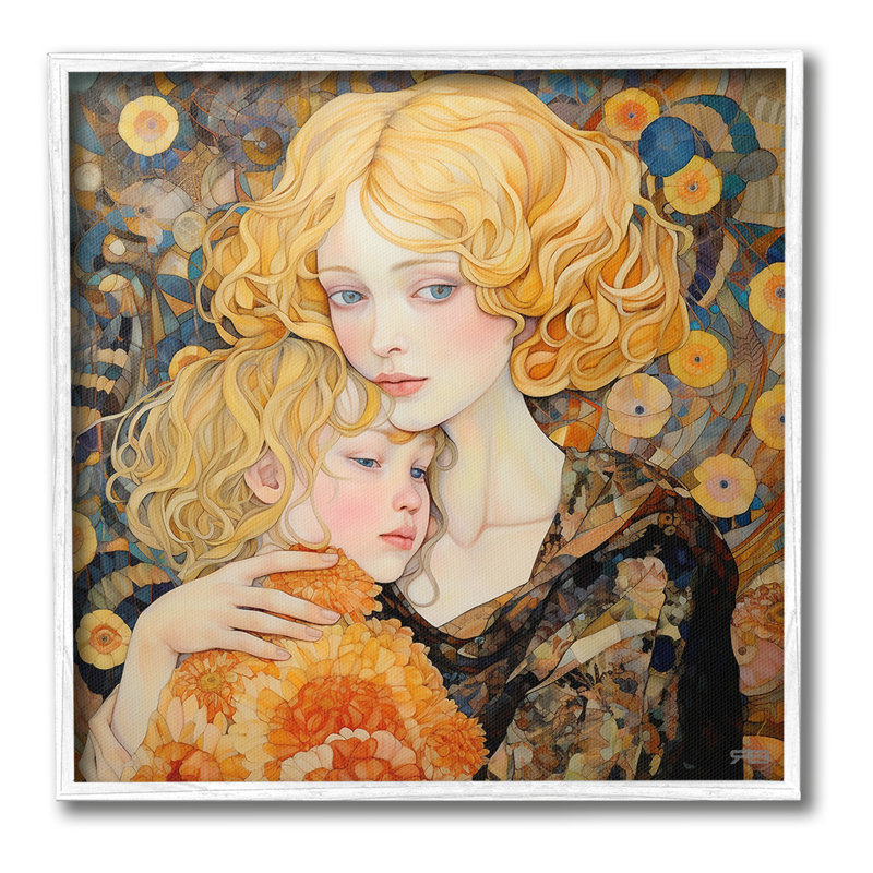 Blond, mère et enfant, estampe numérique, ArtbyRB, H 17 po x l 17 po, Estampe numérique encadrée blanc bord de mer