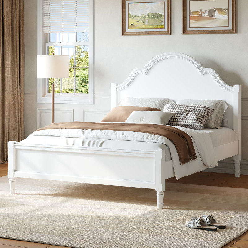Grand grand lit plateforme en bois avec tête et pied de lit, Blanc