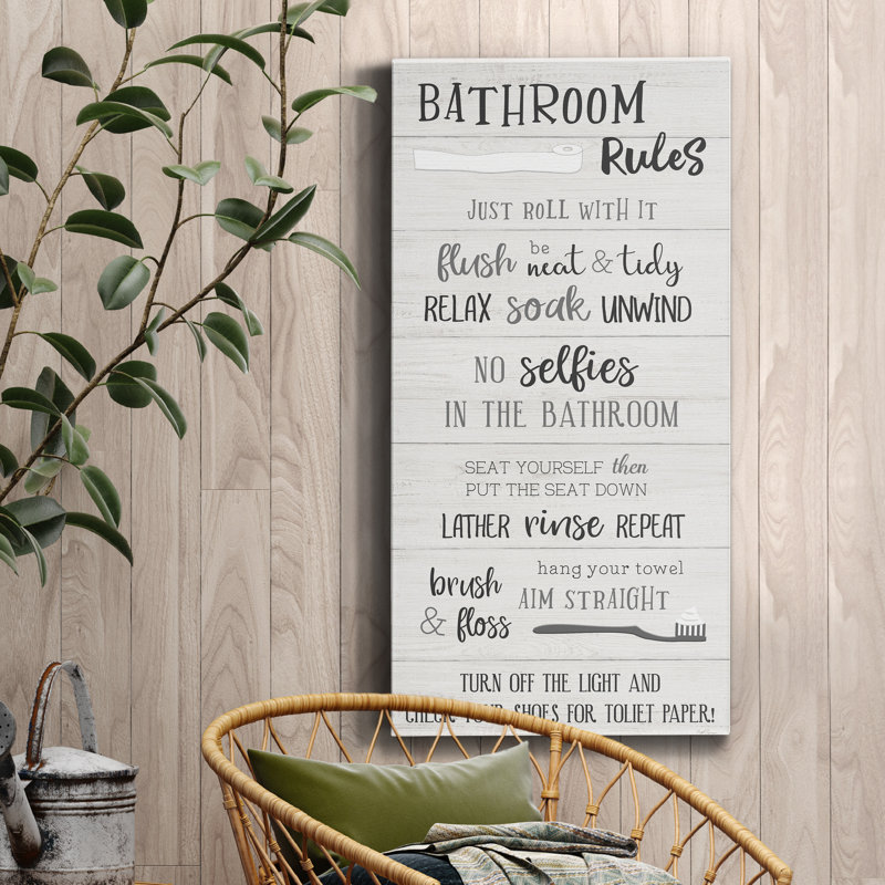 «Bathroom Rules», art textuel sur toile tendue, H 16 po x l 8 po x P 1 po
