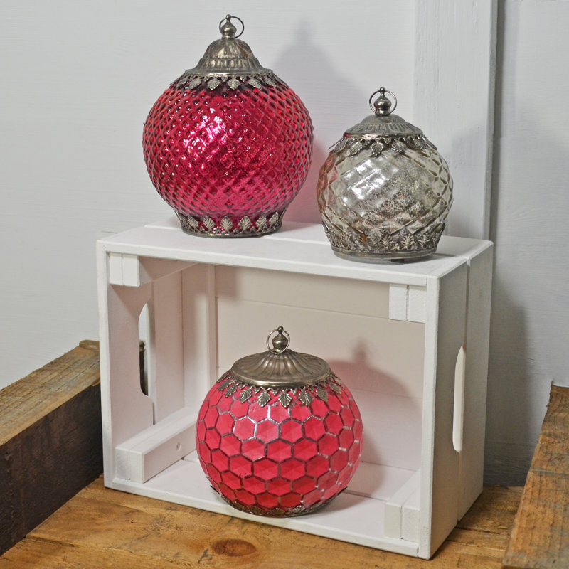 Moroccan Style Glass LED Lantern, Pink/Silver