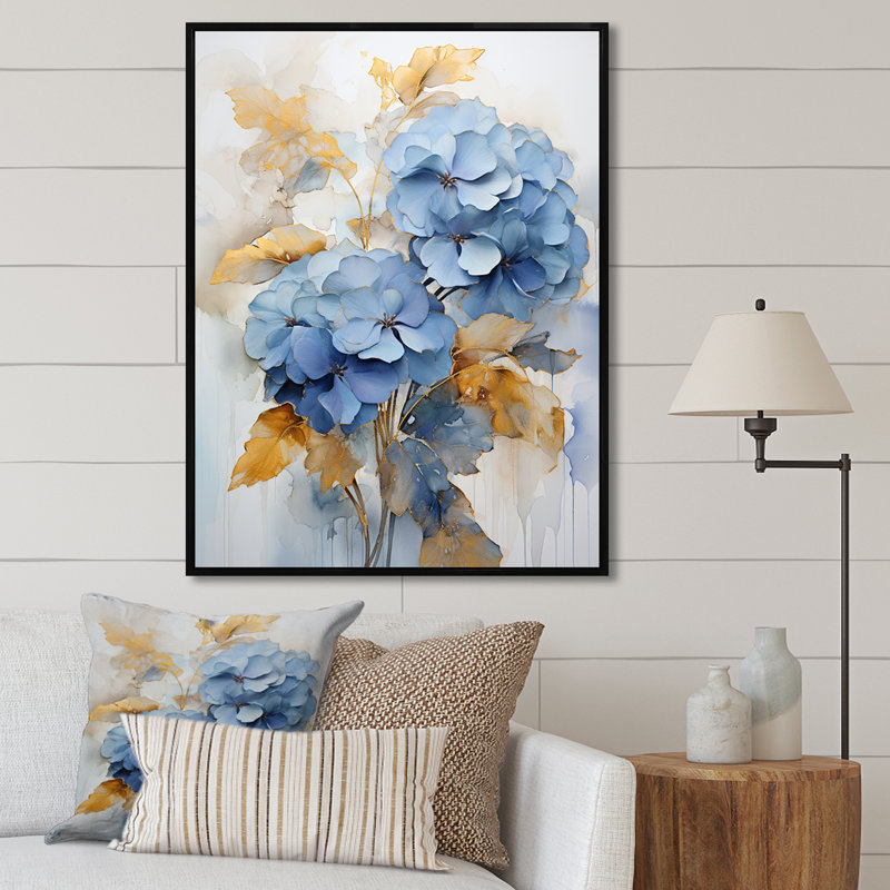 Bouquet d'éclat bleu et doré minimalisme, Cadre flottant noir, H 40 po x l 30 po x P 1,5 po