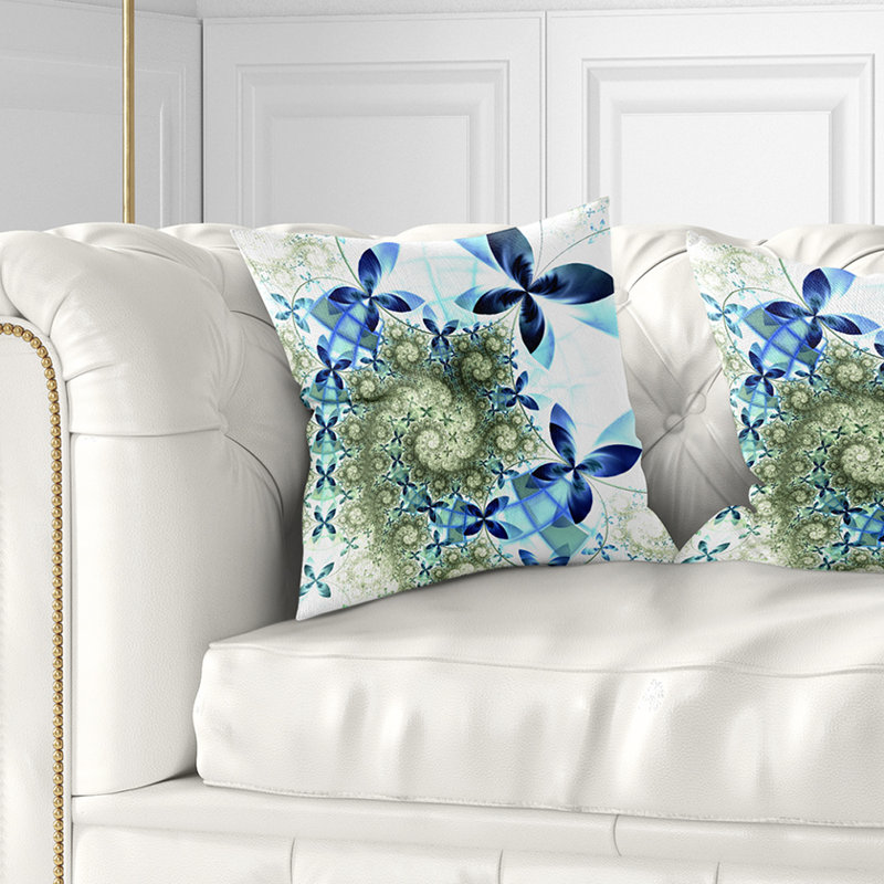 Fleurs fractales bleues et vertes - coussin à imprimé floral, 16 po x 1 po, Coussin décoratif