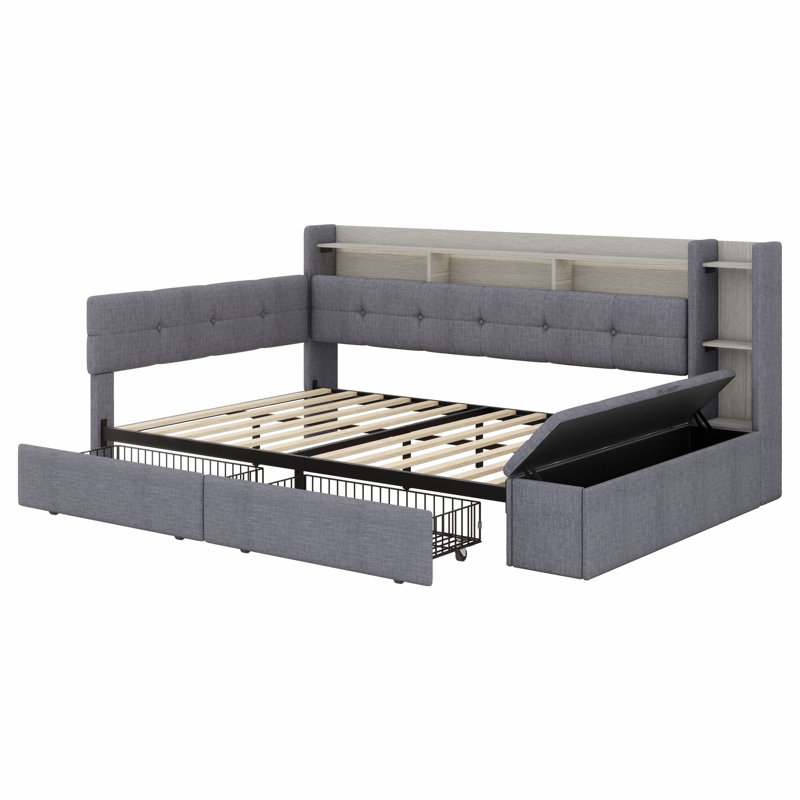 Lit de jour rembourré 2 tiroirs avec repose-pieds de rangement, tablettes, lumière USB et DEL, Gris