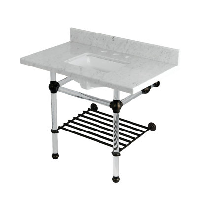 Kingston Brass Templeton 36-Inch Carrara Marble Console Sink with Acrylic Legs and Shelf (8-Inch, 3-Hole)