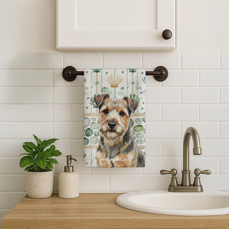 Serviette de cuisine blanche en verre de mer à épagneul tibétain blanc, Norfolk terrier gris et brun