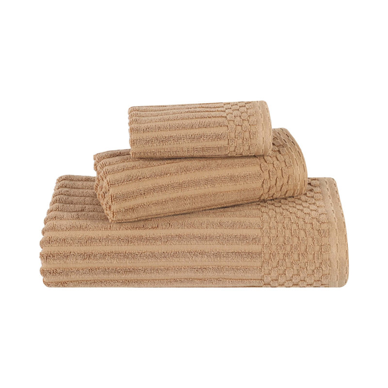 Soho Spa Highly Absorbent Cotton 3 Piece Assorted Size Checkered Border Towel Collection, Light Brown