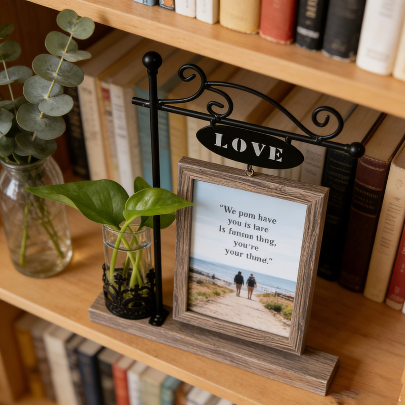 Black Metal Double-Sided Picture Frame with Glass Vase - Holds 2 Vertical 4x6 Photos, Rustic Wood Grain MDF Desktop Display, Hydroponics Plant Holder for Home Decor - Unique Wedding, Anniversary, Cat Lover Gift