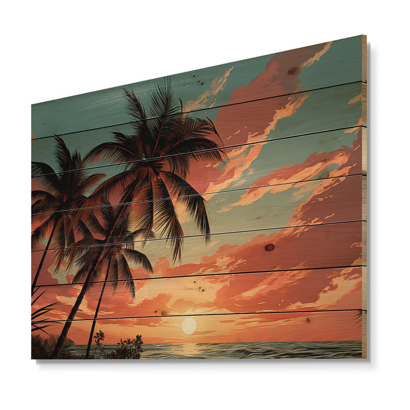 Palm Tree At Sunset I - Palms & Palm Trees Wood Art On Natural Pine Wood, 10" H x 20" W