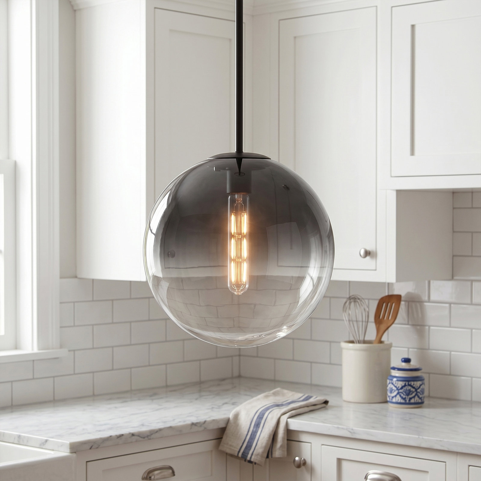 12" Glass Pendant Light, Matte Black, Black