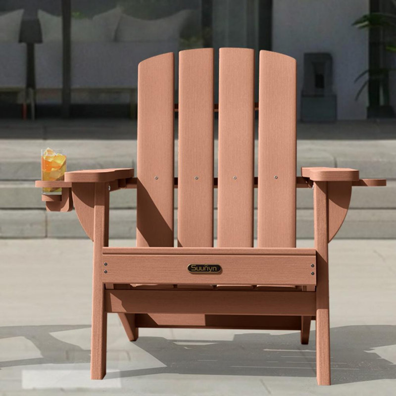 HDPE Folding Adirondack Chair With Cup Holder, Teak
