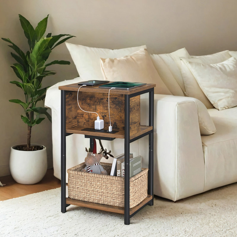 Side Table With Charging Station, Rustic Brown/Black