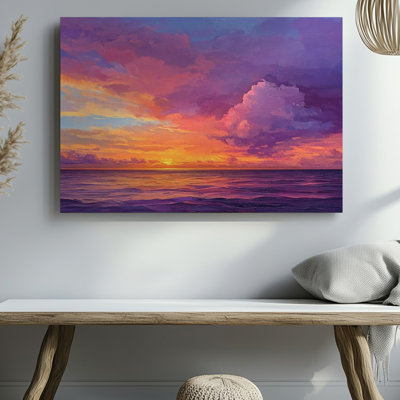 Impression sur toile Vibrant mauve rose coucher de soleil sur l'océan, décor côtier sur toile pour le salon, la chambre à coucher, le bureau, le couloir, le vestibule, le mur de la galerie et la décoration intérieure moderne