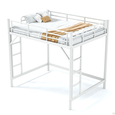 Full Size Metal Loft Bed, Loft Bed with Easy Climbing Ladder and Guardrails , White