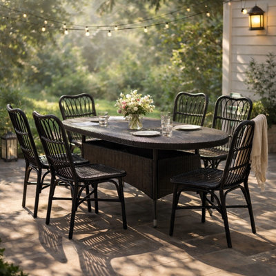 Ensemble de salle à manger d'extérieur en osier 7 pièces, table en rotin et chaises pour 6 pour terrasse, terrasse, porche, brun et noir