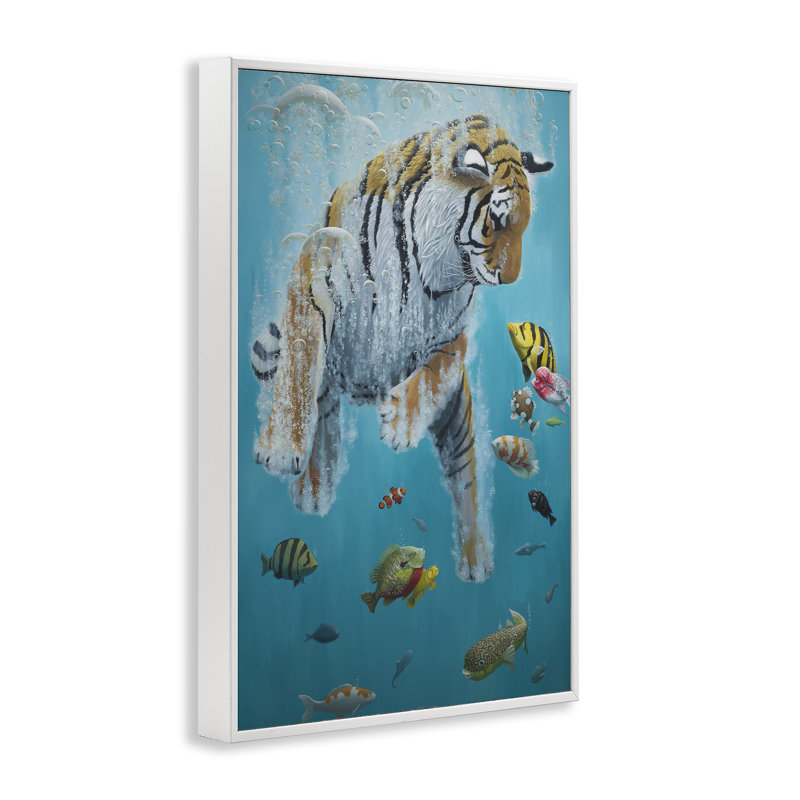 Swimming Tiger Among Fish Framed Giclee, design by Heather Gauthier, 30" H x 20" W, Coastal White Framed Giclee