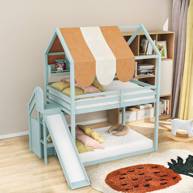 Wood Loft Bed With Slide And Built-In Shelves And Playhouse-Style, Light Green
