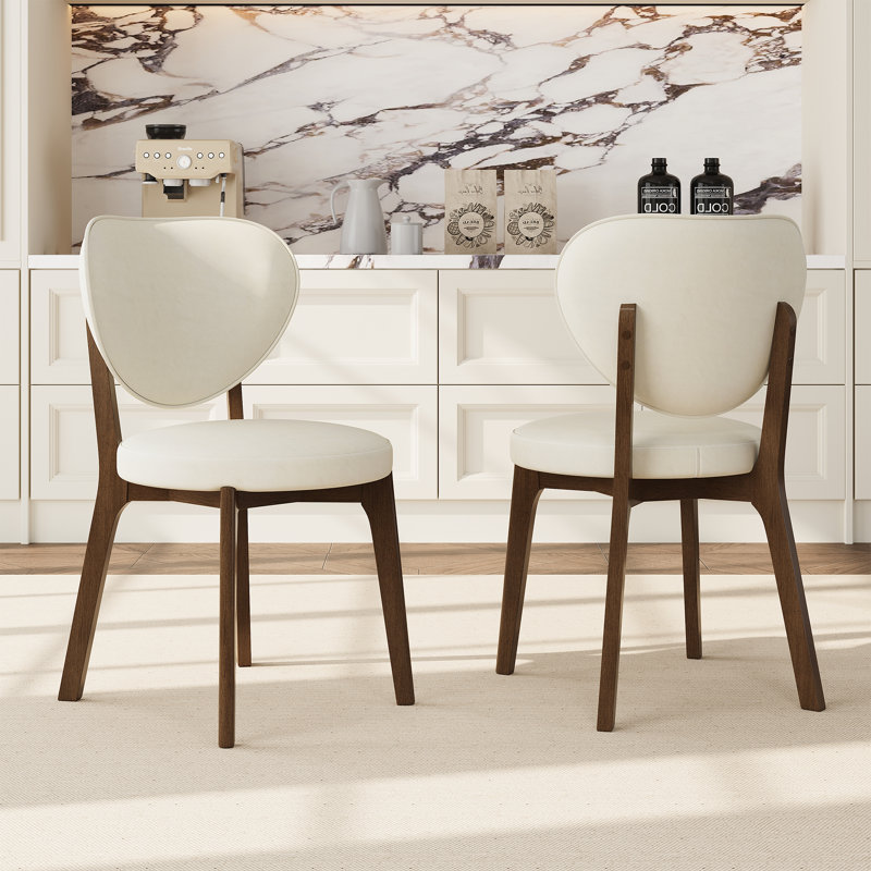 Upholstered Faux Leather Dining Chairs With Curved Back, Angled Walnut Oak Legs, Modern Armless Side Chairs For Kitchen & Dining Room  (Set of 2)