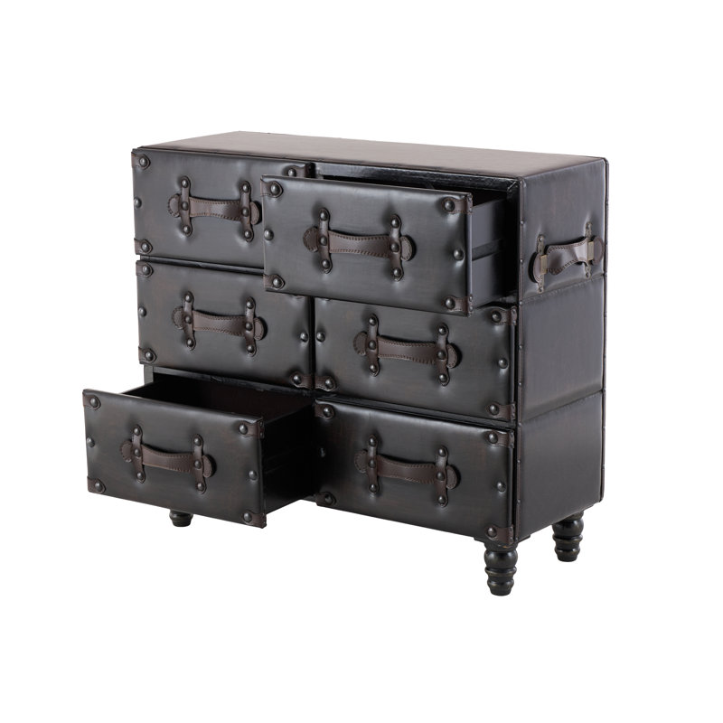 Isabel Black Wood Vintage Faux Leather Room Chest with Rivets and Straps Detailing