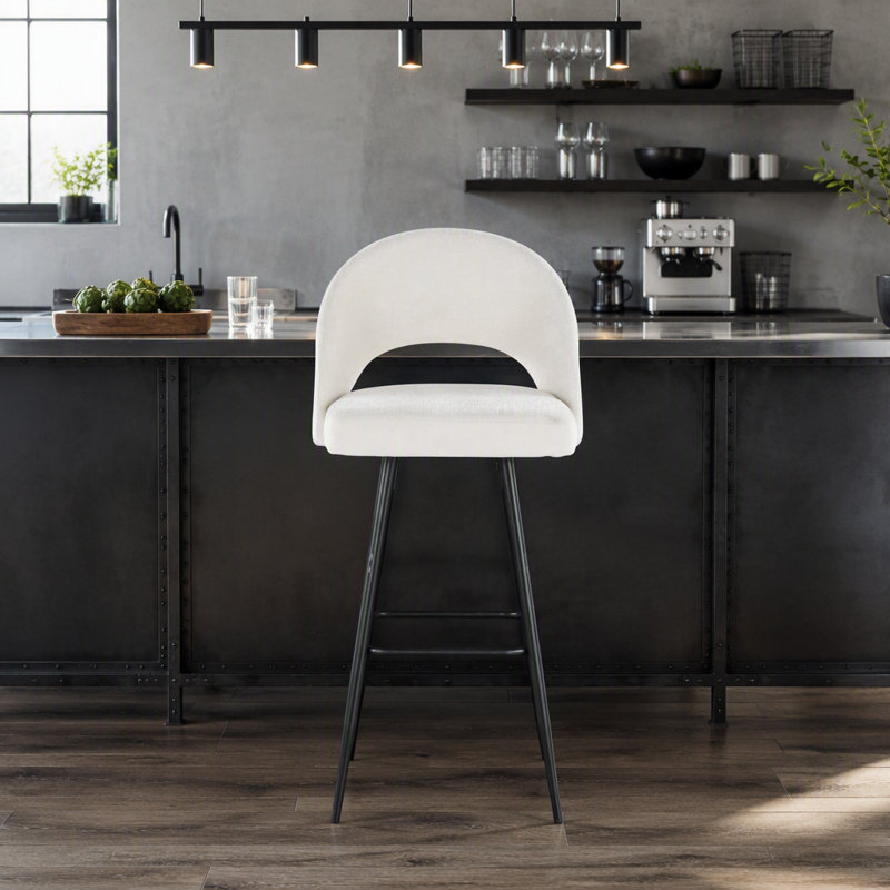 Tabouret de bar à hauteur fixe en métal noir et tissu crème avec repose-pieds carré - ensemble de 2, Siège crème / cadre noir