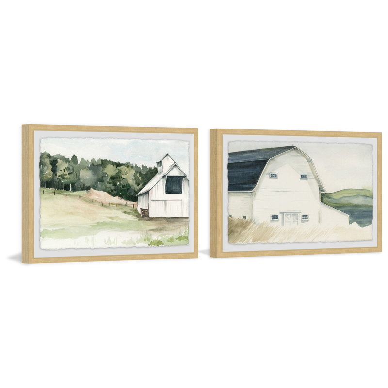 « aquarelle grange », ensemble de 2 reproductions de peintures à l’aquarelle encadrées, H 24 po x l 36 po x P 1,5 po