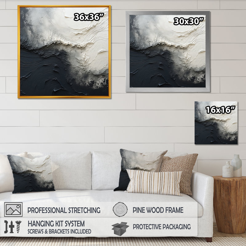 Minimalisme, peinture noire et blanche, vague I - art mural encadré bord de mer, H 16 po x l 16 po x P 1 po