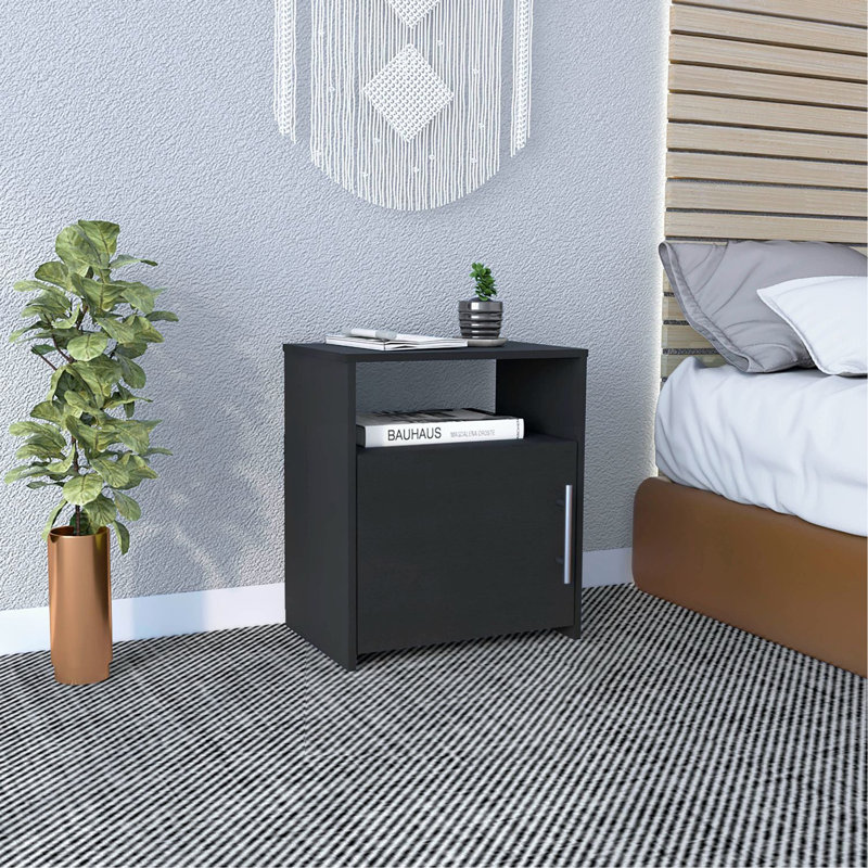 Table de chevet, armoire à une porte, poignée en métal, une tablette, plateau supérieur, noir, Noir