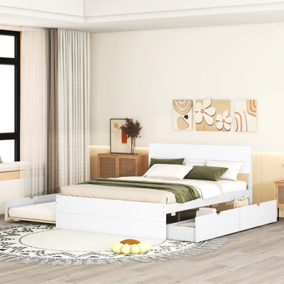 Élégante base de lit double avec lit gigogne simple et 2 tiroirs polyvalents en blanc ultrabrillant fonctionnel