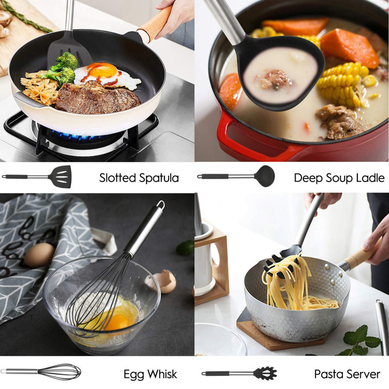 27-Piece Black Silicone and Stainless Steel Kitchen Utensils Set