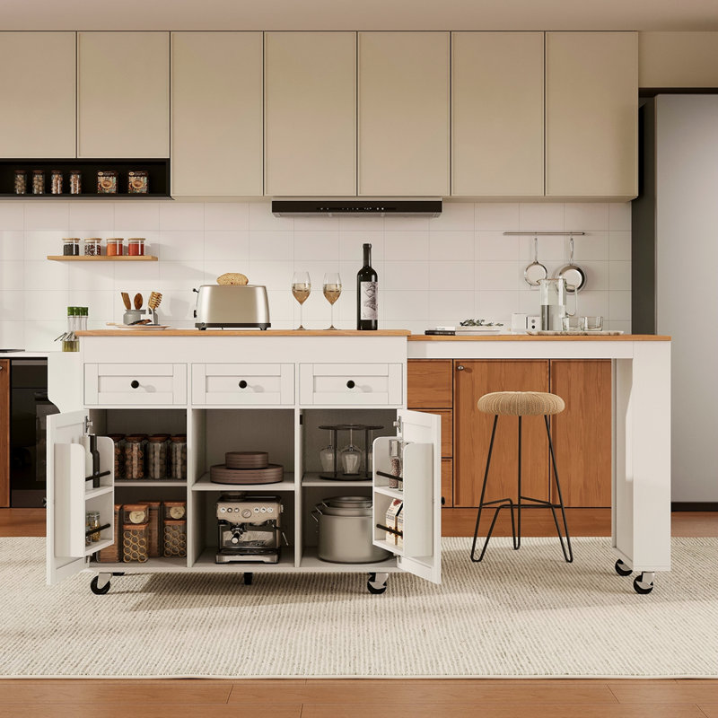 Îlot de cuisine 85,5 po avec table de salle à manger extensible, table de rangement avec 3 tablettes ouvertes latérales, îlot de cuisine roulant avec prise de courant, 3 tiroirs, 2 portes, pour la cuisine, la salle à manger
