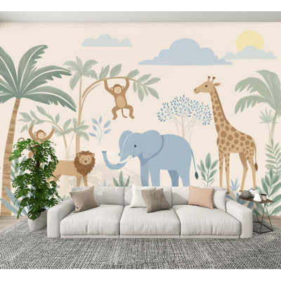 Papiers peints modernes adhésifs ludiques, safari, éléphants, lions, girafes, paysage tropical, peintures murales, papier peint amovible, adhésif en PVC, H 100 po x l 144 po, pour chambre à coucher, bureau à domicile