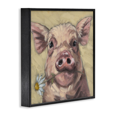 Cochon tenant une marguerite encadrée, estampe numérique, design par Sara G Designs