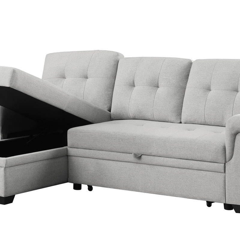 84" Linen Reversible Sleeper Sectional Sofa With Storage Chaise, Light Gray, Right Hand Facing