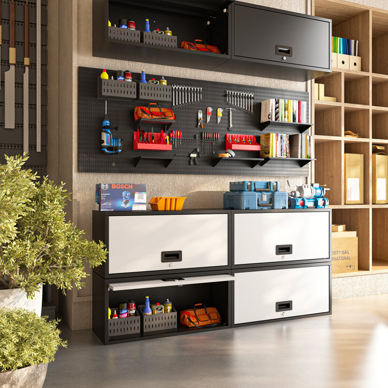 Heavy Duty Wall Storage Cabinet with Sliding Up-Flip Door Floating Tool Cabinet for Kitchen, Basement, Warehouse, Gray/Black