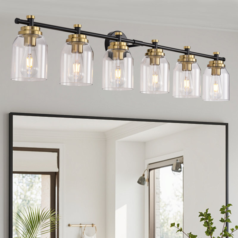 6-Light Bathroom Light Fixtures, 47Inch Black Gold Modern Vanity Lights With Clear Glass Shade, Bathroom Wall Lamp For Mirror Kitchen Living Room Hallway Bedroom