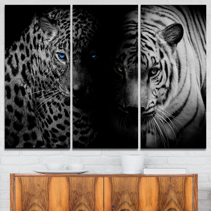 Leopard et tiger en noir-3 pièces, ensemble de 3 impressions sur toiles tendues