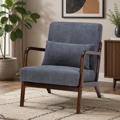 Mid-Century Modern Accent Chair, Arm Chair Living Room Chairs with Pillow Upholstered Reading Chair with Solid Wood Frame &  Living Room Bedroom Balcony (Antique Dark Grey)