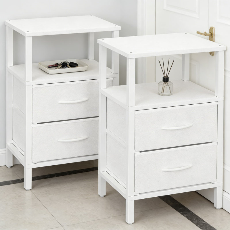 Modern End Table Set Of 2 With Fabric Drawers, Nightstand Or Couch Side Table With Open Shelf And Ample Storage, Easy Assembly